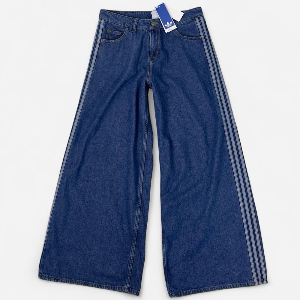 Adidas Firebird Andilenium Track Striped Wide Leg Baggy Blue Denim Jeans 32x32